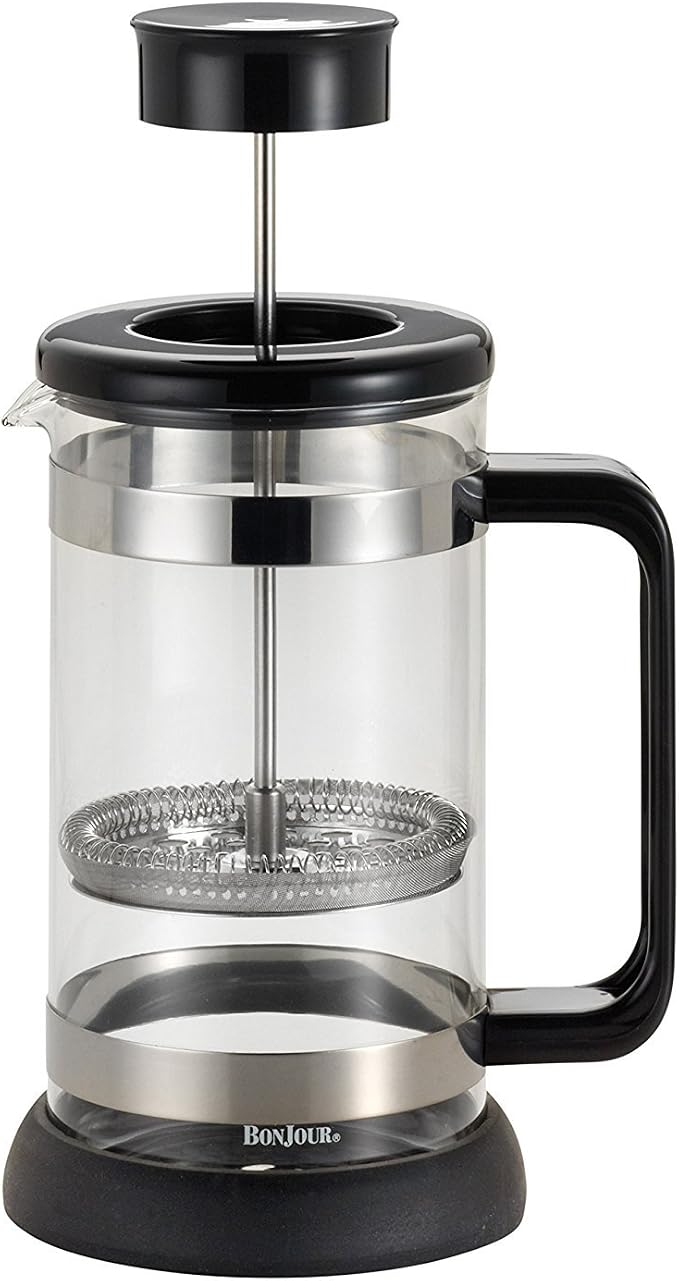 BonJour Coffee Borosilicate Glass French Press with Coaster & Scoop, 33.8-Ounce, Riviera, Black