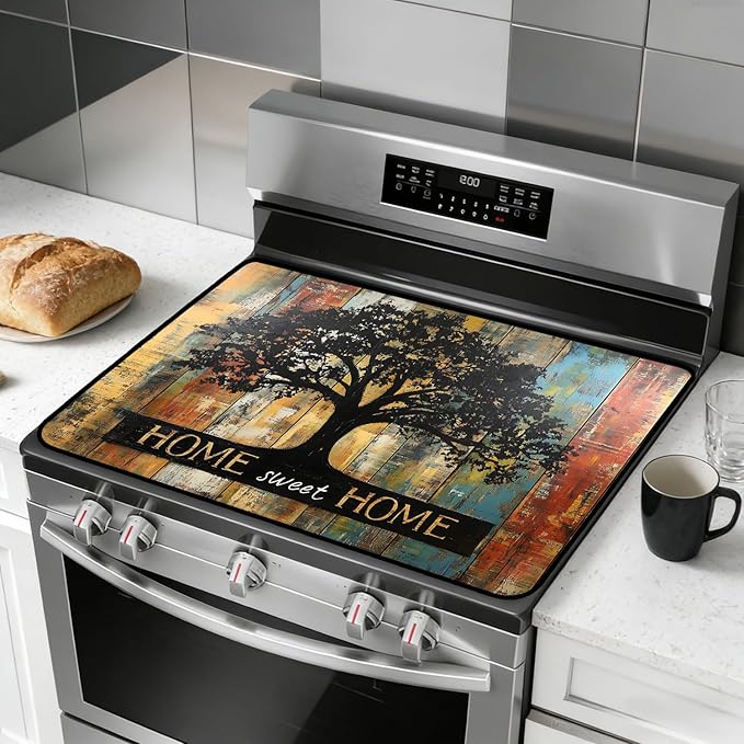 Stove Top Cover for Electric Stove, Vintage Farmhouse Style Glass Cooktop Protector, Multi-functional Kitchen Counter & Washer Top Cover