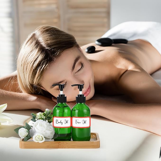 Tanlade 24 Pcs 8 oz Glass Pump Bottle Empty Bottle Glass Soap Dispenser with Pump Refillable Containers and Labels Funnels for Essential Oils Cleaning Products Lotions Conditioner(Green)