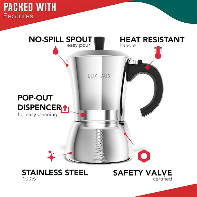 LuxHaus 9 Cup Moka Pot (2oz each cup - 18oz total) Stovetop Espresso Maker - Stainless Steel Italian and Cuban Mocha Coffee Maker