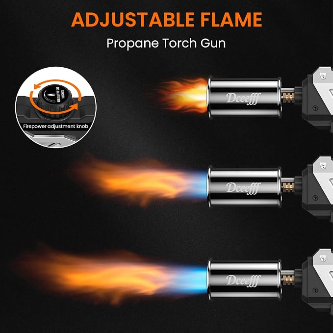 Propane Torch Gun, Detachable & Adjustable Flame Thrower Gun, 1800℃ Heavy Duty Blow Torch for BBQ, Searing Steak, Campfire Starter, Ice Melting and Soldering, Sliver (Tank Not Included)