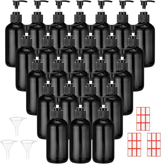Tanlade 24 Pcs 8 oz Glass Pump Bottle Empty Bottle Glass Soap Dispenser with Pump Refillable Containers and Labels Funnels for Essential Oils Cleaning Products Lotions Conditioner (Black)