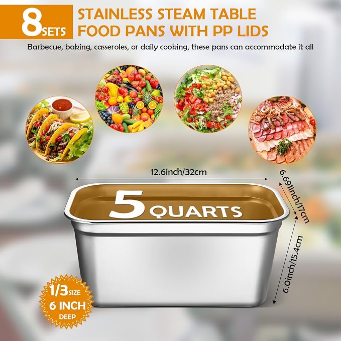 8 Pcs 304 Stainless Steel Food Storage Containers with Lids 1/3 Size Hotel Pan Chicken Food Grade Pans Metal Meal Containers for Restaurant Stackable Kitchen Freezer Buffet(6 Inch Deep)