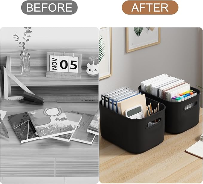ORGIDOL 6 Pack Black Storage Bins with Lids Stackable Storage Container for Organizing, Black Storage Boxes with Handle for Shelves, Cute Organizer Bins for Craft, Snacks, 9.85x6.9x5.7 inch