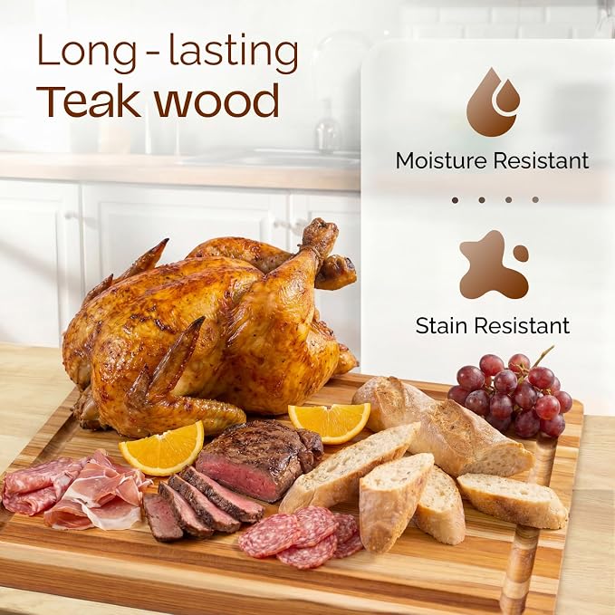 Yes4All Durable Teak Cutting Boards for Kitchen, [20''L x 15''W x 1.5” Thick] Large Edge Grain Cutting Board, Pre Oiled Wood Cutting Boards, Thick Chopping Board w/Juice Grooves and Easy Grip Handle