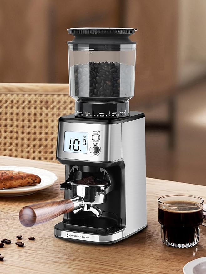 Homtone Conical Burr Espresso Coffee Grinder – 51mm Stepless Electric Bean Grinder with Grind Settings, Precision Timer, Stainless Steel Mill with Portafilter Holders, Anti-Static for Drip/Moka