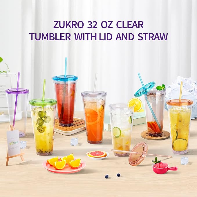 Zukro Clear Tumbler with Lid and Straw 32 oz, Wide Mouth Double Walled Insulated Reusable Acrylic Plastic Iced Coffee To Go Cup for Loaded Tea, Water, Lemonade, Fit in Cupholder, BPA Free, 4 Pack