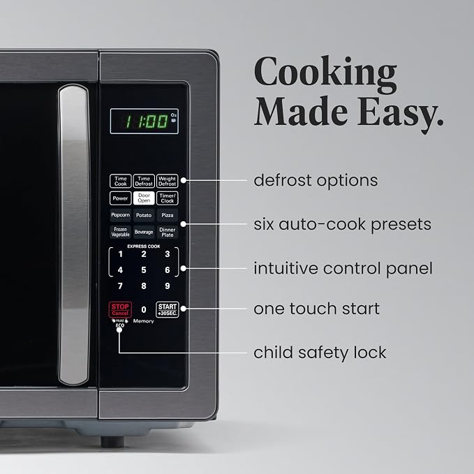 Farberware 1.1 Cu. Ft. Countertop Microwave Oven – 1000 Watts Power, Auto Cook Settings, Defrost, Easy Clean and Child Safety Lock - Stainless and Black