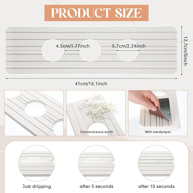 Teenyyou 3 Hole White Faucet Mat for Kitchen Sink Bathroom 16.1" x 5" Kitchen Faucet Absorbent Mat Diatomite Splash Guard Quick Drying Stone Drip Catcher Hole 2.24" Holes Spaced About 1.77 "