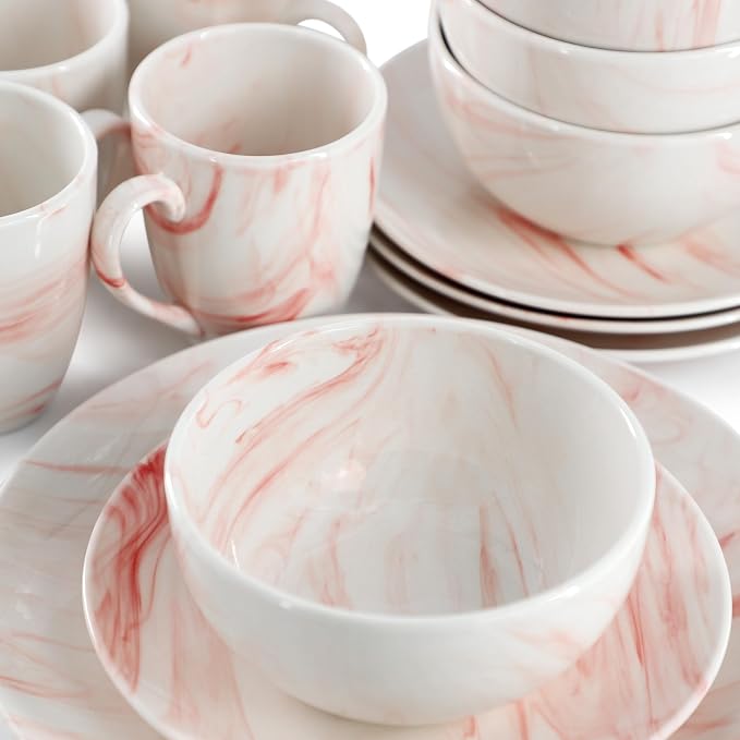 Elama Fine Marble 16 Piece Porcelain Dinnerware Set, Tableware Set, Everyday Dining, Service for 4 (Red)