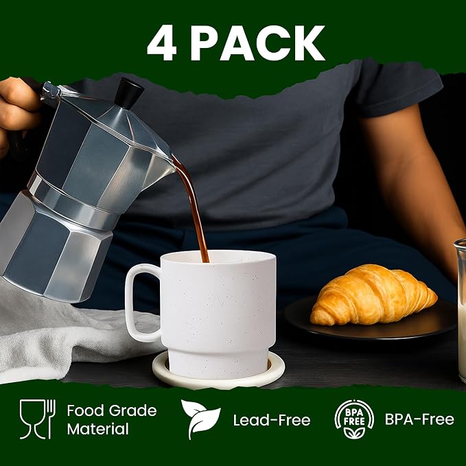 Bacimi® - Stackable Coffee Mugs Set of 4 with Metal Rack - Stoneware Mugs 13.5oz Coffee Mug Stand - Ceramic Coffee Cups for Latte, Cappuccino & Hot Beverages - Eggshell White