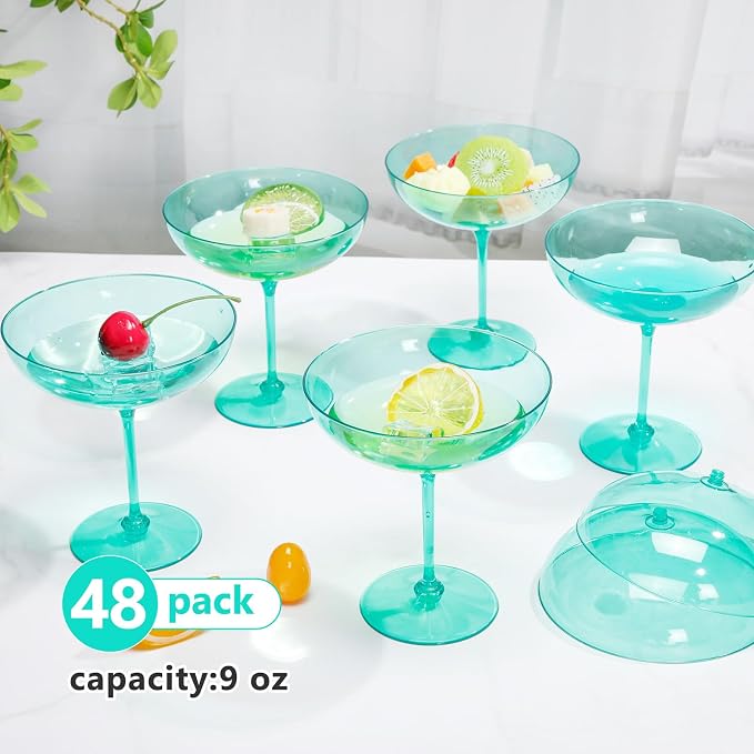 LemonRoad 48 Pcs Plastic Coupe Glasses 9 oz Disposable Martini Glasses for Cocktails, Champagne, Desserts and Espresso, Drinkware Set for Weddings, Birthday Parties, Home Bars (Light Green)