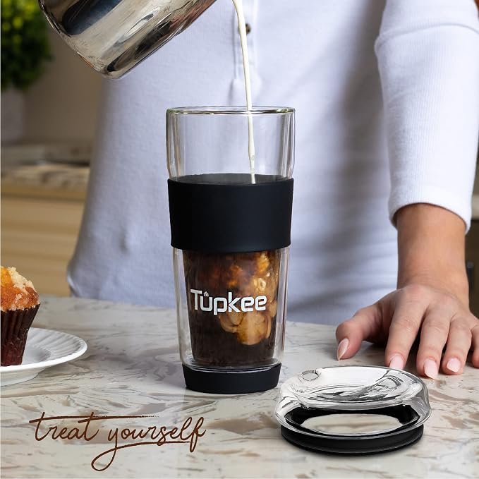 Double Wall Glass Tumbler - 14-Ounce, All Glass Reusable Insulated Tea/Coffee Mug & Lid, Hand Blown Travel Mug - Black