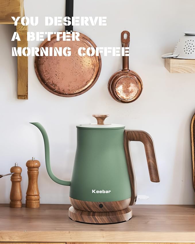 Gooseneck Electric Kettle, Electric Tea Kettle Stainless Steel, Pour over kettle for Coffee, 1000W Hot Water Kettle Electric Auto Shut Off, 0.8L, Wood-like Grain Finish Handle, Matcha Green