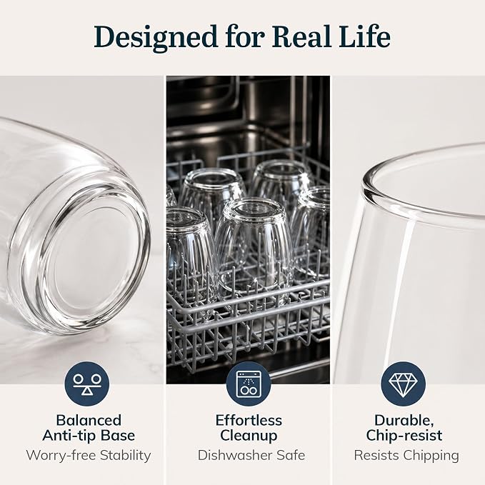 Libbey Stemless Wine Glasses Set of 12, Dishwasher Safe Set Of Wine Glasses, Perfect for Cocktails, Water, and Outdoor Glassware