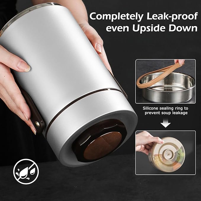 Thermal For Hot Food,1.5L Bento Lunch Box,2-Tier Stackable Insulated Food Jar,Portable Stainless Steel Food Container,Leakproof Insulated Lunch Container For Hot Food,For Office Picnic Travel(Silver)