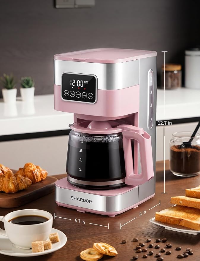 SHARDOR 10-Cup Programmable Coffee Maker, Regular & Strong Brew Drip Coffee Machine for Home and Office, Auto Shut Off, Permanent Filter (pink)