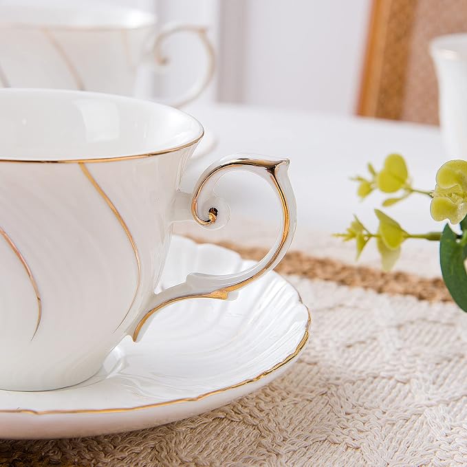 Agyiuns Tea Cups Set Of 6, Tea Cup And Saucer Set,6oz for Tea,Coffee, Latte, Cafe Mocha, Porcelain Tea Party Set (White with gold thread set of 6)