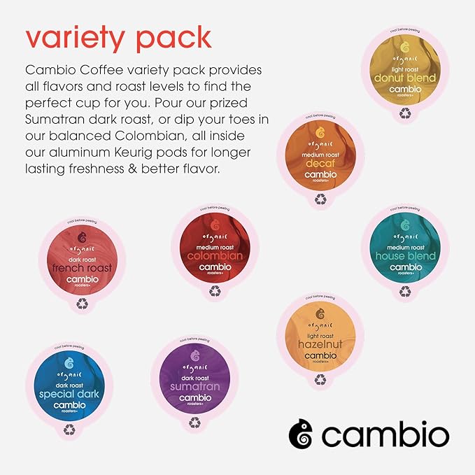 Cambio Roasters Organic Coffee Pods Variety Pack – Includes Light Roast, Dark Roast, and Decaf, Aluminum Coffee Pods Compatible with Keurig®, Small Batch Roasted, Long-Lasting Freshness, 32 Count