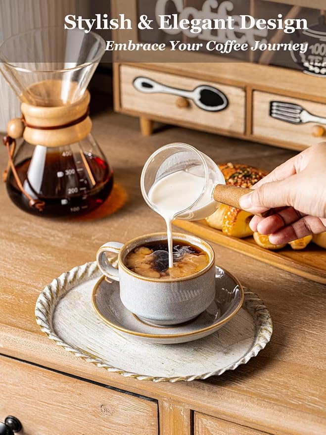 Gomakren 6 Ounce Cappuccino Cups with Saucers and Metal Stand, Stackable Coffee Cup Set of 4, Father's Day Porcelain Espresso Cups for Coffee Drinks, Cappuccino, Latte, Americano, Tea, Gray