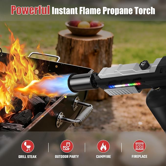 Powerful Propane Torch Gun with Front-Mounted LED Light | Adjustable Flame Thrower Gun, Flamethrower for Searing Steak, Charcoal Starter, BBQ and DIY(Propane Tank Not Included)