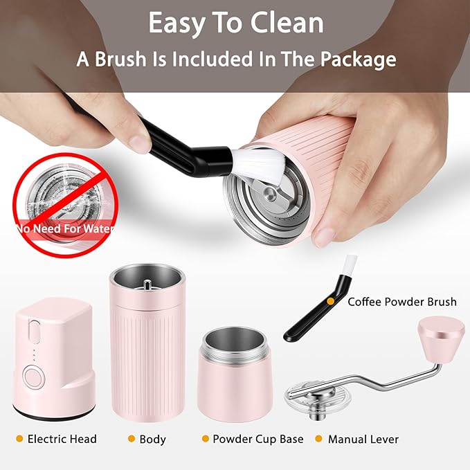 Burr Coffee Grinder Electric and Manual 2 in 1, Manual Burr Coffee Grinder with 40mm Burr, Compact Portable Coffee Grinder for Espresso Coffee, Travel, Camping, Valentines day gifts for girl (Pink)