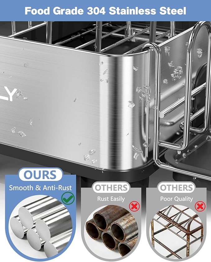 Dish Drying Rack, 304 Stainless Steel Exendable Dish Rack with Adjustable Drain Spout, Large Capacity Dish Drainer with Utensil Holder, Cup Holder and Cutting Board Rack for Kitchen Counter, Black