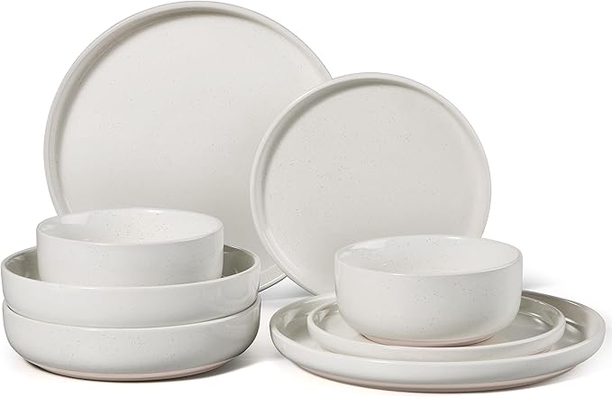HaWare 8-Piece Plates and Bowls Set for 2, Stoneware Dinnerware Sets with Pasta Bowl, Dishes Set for Home Restaurant, Speckled Milky White