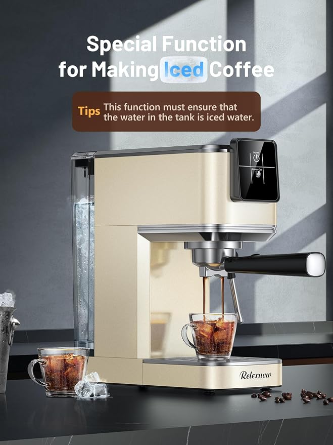RELEXNOW Espresso Machine, 20 Bar Espresso Maker Milk Frother & LCD Panel, Hot & Iced Coffee Machine, Stainless Steel Espresso Coffee Machine with 41oz Water Tank for Cappuccino, Latte