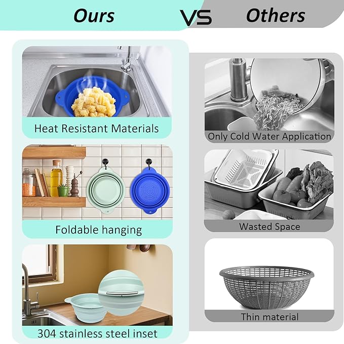 Collapsible Silicone Colander Wash Basin Set, Thickened Strainers bowls, for Kitchen, RV, Camping, Draining Pasta, Washing Fruit, Vegetable Storage(Blue+Green)