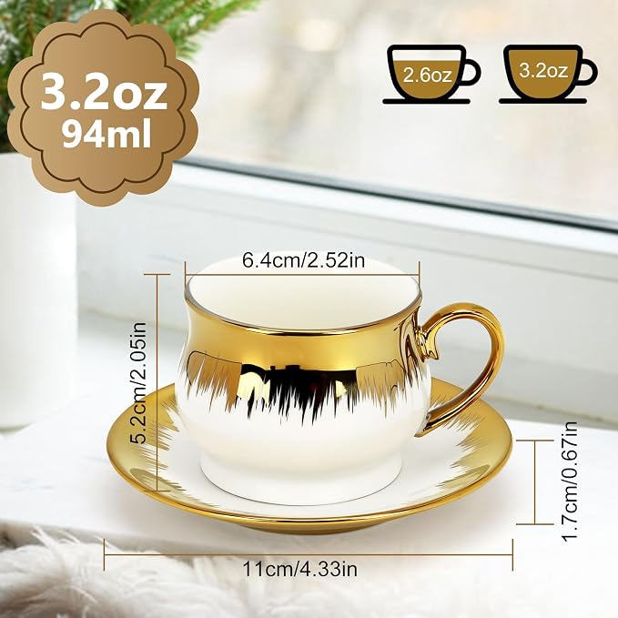 6 Pack 3.2oz Espresso Cups with Saucers, White Porcelain with Gold Electroplated Brushstroke Rim, Ceramic Coffee Cup Set, Dishwasher Safe, for Espresso, Latte, Afternoon Tea, Home Decor & Gifting