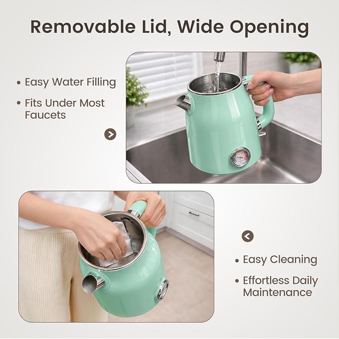 Mecity Retro Electric Kettle 1.7L, Stainless Steel Interior (No Plastic Contact), Double Wall Cool Touch, Fast Boil 1500W, Thermometer (°F/°C), Removable Lid, Wide Opening Easy Cleaning, 120V, Green