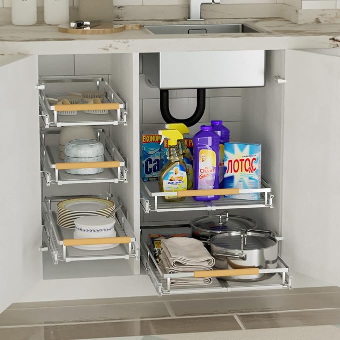 SANNO Pull Out Cabinet Organizer, Heavy Duty Steel Metal cabinet drawers slide out, Expandable Slide Out Shelves Requires At Least 23.1 to 39.9" W Cabinet Opening