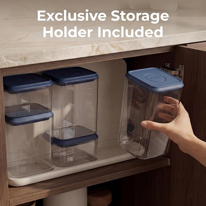 SMIRLY 8-Pcs Airtight Food Storage Containers Set with Countertop Organizer,One-Press Air Tight Pantry Storage Containers, BPA-Free ABS,Stainless Steel Spoon & Scoop for Cereal, Flour, Sugar-Blue