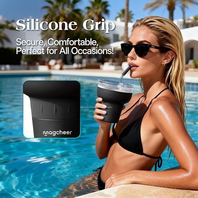 16 oz Cocktail Tumbler with Lid and Straw - Stainless Steel Insulated Margarita Tumbler - 320° Sippable Stemless Wine Cup for Party | Black