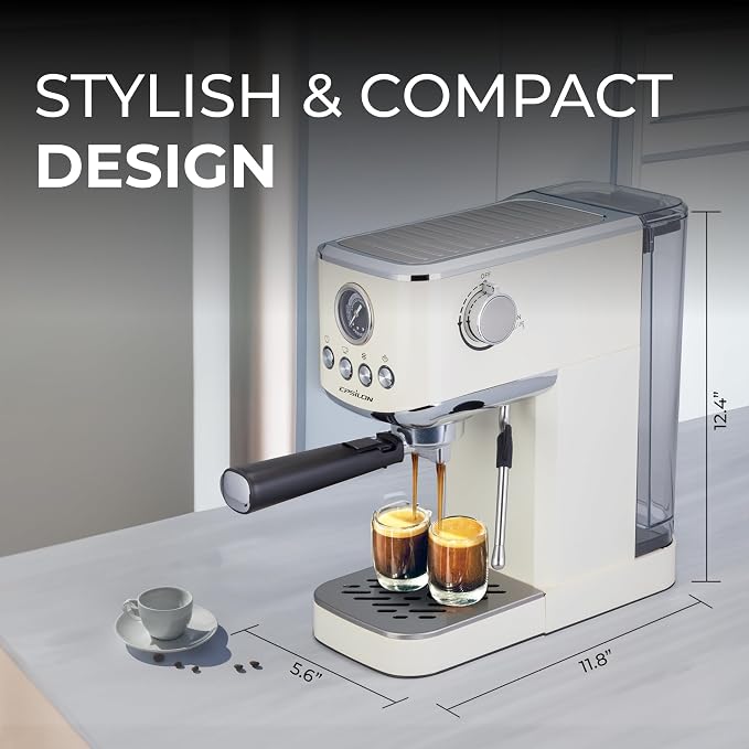 Epsilon Coffee Machine with Milk Frother, Compact 20-Bar Espresso Maker, Hot and Iced Coffee Maker with Removable Water Tank, Cold Brew Feature, and Steam Wand, 1.2L Capacity - Stainless Steel