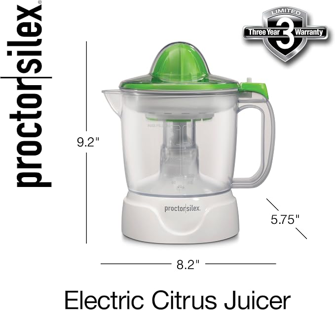 Proctor Silex 34 oz. Electric Citrus Juicer, Orange Juicer | Pressure Activated | 2 Reamers For Big and Small Fruit | Pulp Control | For Orange, Lemon, Grapefruit Juice | White & Green