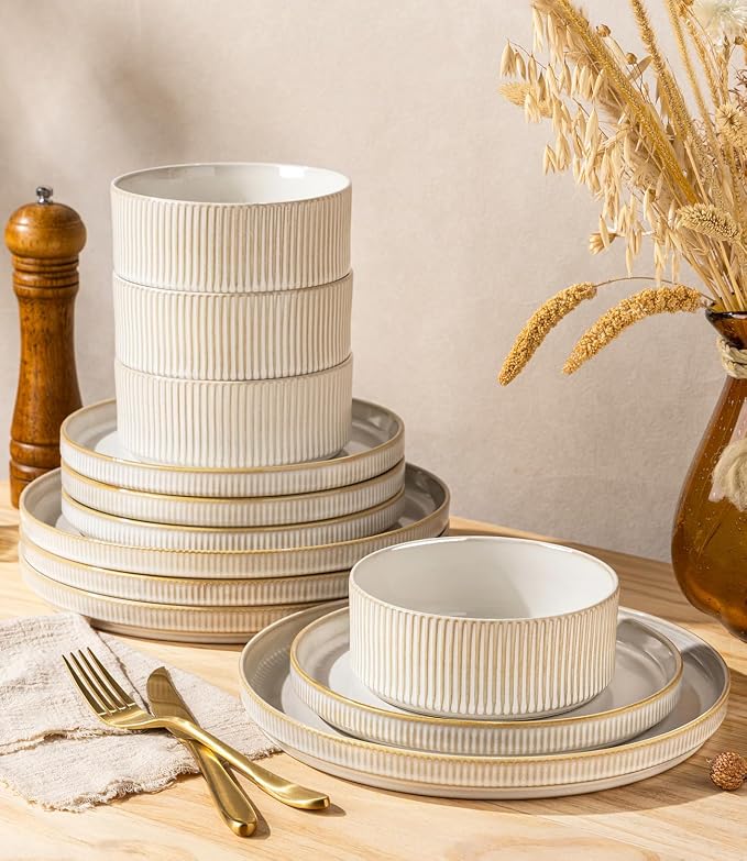 GBHOME Stoneware Dinnerware Sets for 4, 12 Pieces Lightweight Ceramic Ribbed Plates and Bowls Set,Reactive Glaze Stackable Plate Sets,Scratch Resistant Dishes,Microwave & Dishwasher Safe,Vanilla Latte