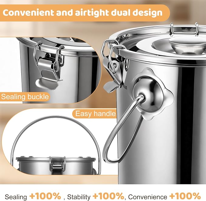 iplusmile Stainless Steel Airtight Canisters Container: 112 fl oz Airtight Clamp Lid Kitchen Food Storage Bucket for Rice Flour Grain Coffee Bean Flour Oil Sugar Milk