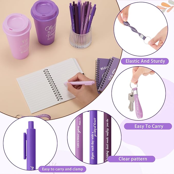 Skylety 12 Sets/48 Pcs Employee Appreciation Gifts 16oz Inspirational Plastic Cups Spiral Notebooks Ballpoint Pens Keychains Bulk Thank You Cup for Employee Coworker (Gradient Purple)