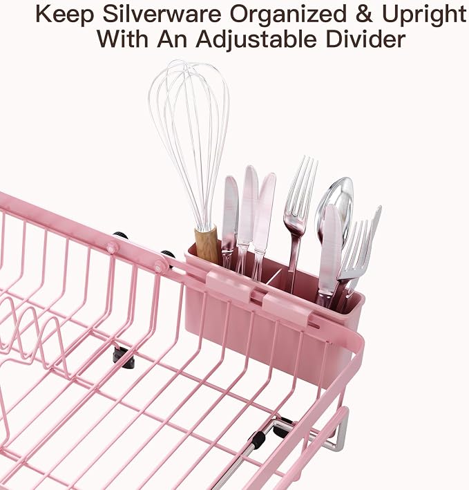 MAJALiS Pink Dish Drying Rack Over The Sink with Utensil Holder | Expandable Stainless Steel Dish Drainer for Small Kitchen, Apartment, RV, Counter Space Saving, Perfect Fit, Rustproof