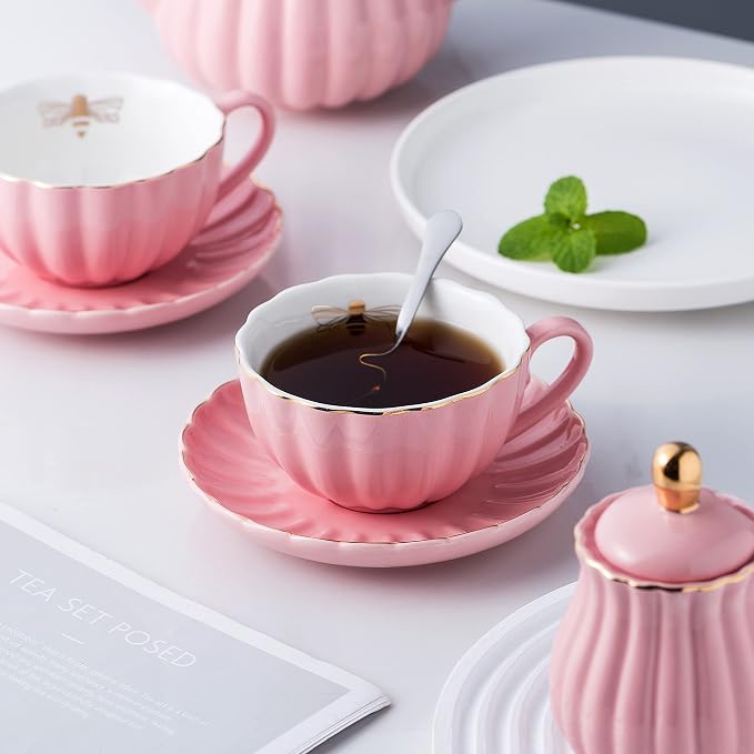 Jusalpha Service for 6- Fine China Pink Coffee Cup/Teacup Set, 8 OZ Cups& Saucer, with Teapot-Sugar Bowl-Cream Pitcher Teaspoons and tea strainer for Tea/Coffee- 24 PC (Pink, Serve of 6)
