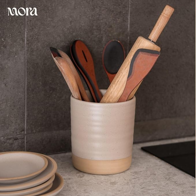 Mora Ceramic Kitchen Utensil Holder - Wooden Spoon & Spatula Crock for Countertop, Modern Farmhouse Home Decor, Extra Large 7.3" Cooking Organizer for Stove Top and Counter - Heavy & Sturdy - Mushroom
