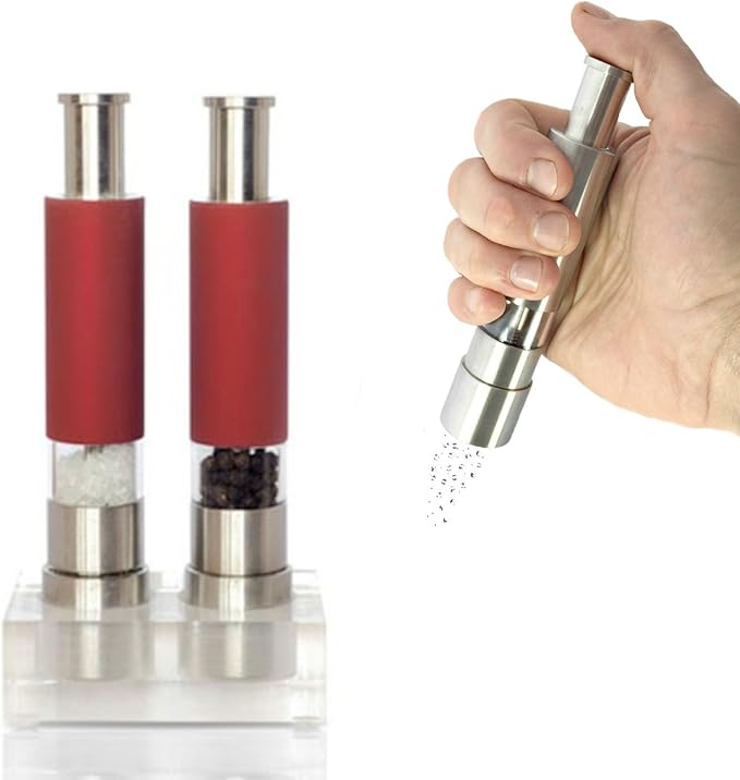 Grind Gourmet Salt and Pepper Grinder Set of 2 with Modern Thumb Push Button Red Grinder, Premium Stainless Steel, for Black Pepper, Sea Salt and Himalayan Salt, With Stand, Peppermill are Refillable