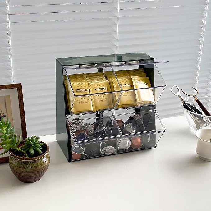 Large Coffee Pod Holder with Lid, Green | Plastic, Coffee Bar Accessories Storage Organizer, For Creamer, K Cups, Tea Bags, Sugar Bag, Drinking Straw