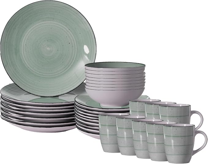 Rimmed Dinnerware Set | Mugs, Salad and Dinner Plates and Bowls Sets, Dishes with Highly Chip and Crack Resistant, Dishwasher and Microwave Safe (Green, Service For 8)