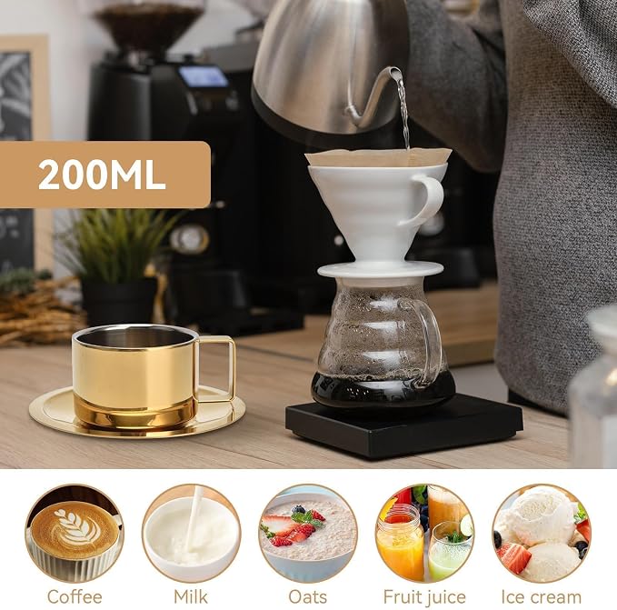2Pcs Espresso Cups and Saucers Set, Coffee Cup and Saucer Set Gold Coffee Mug Stainless Steel Demitasse Cups Exquisite Luxury Small Coffee Containers for Latte Cappuccino Tea, 200ML