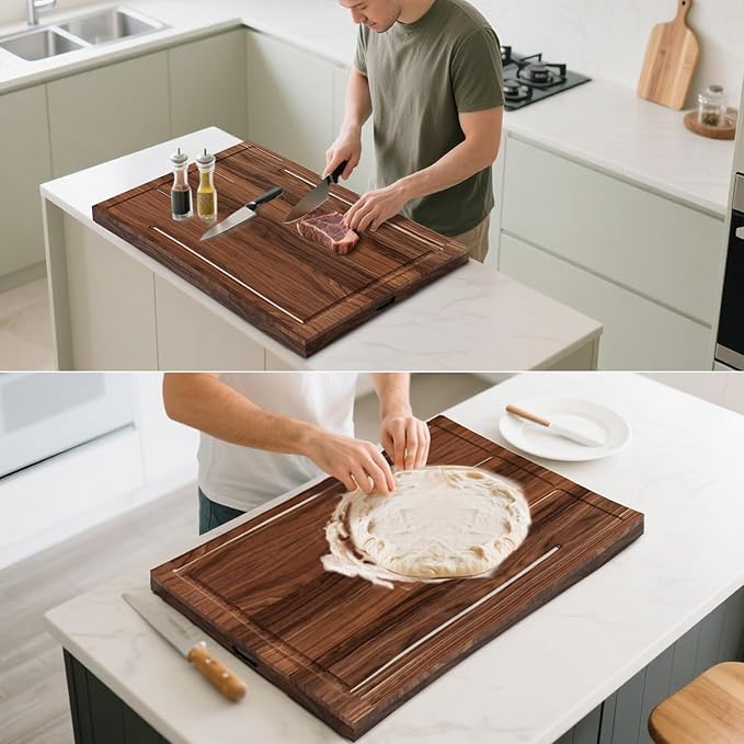 Noodle Board Stove Cover with Handle, Wooden Stove Top Cover for Electric Stove and Gas Burners, Cutting Board with Juice Groove & Separate Zone, 30"L x 21"W x 2.2"H, Natural Solid Wood