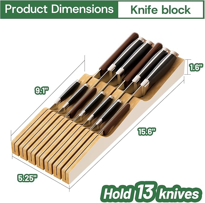 Knife Drawer Organizer, Bamboo Wood Knife Organizer Drawer Insert, Brown Knife Block Fit for 13 Knives