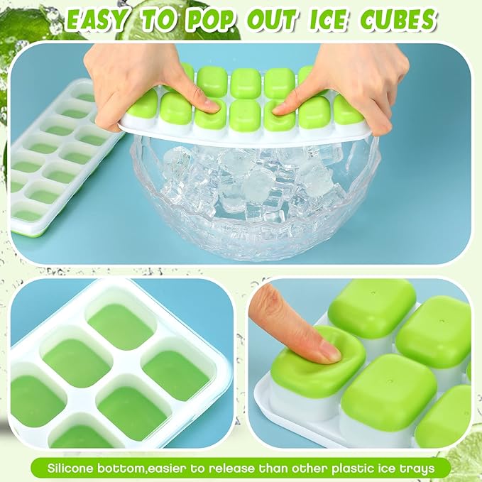 Rtteri 36 Pack Ice Cube Trays Silicone Ice Tray for Freezer Flexible 14 Cube Molds Easy Release Stackable Trays with Lid for Drinks Cocktail Coffee Baby Food (Green)